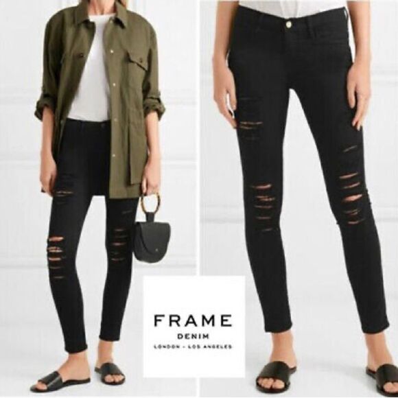 Frame Skinny‎ Jeans Distressed Le Jeanne Noir Black 27 - Picture 1 of 14